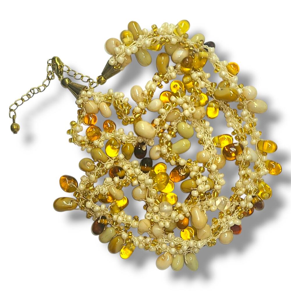 Vintage Multistrand Boho Beachy Amber & White Glass‎ Bead Necklace 18"